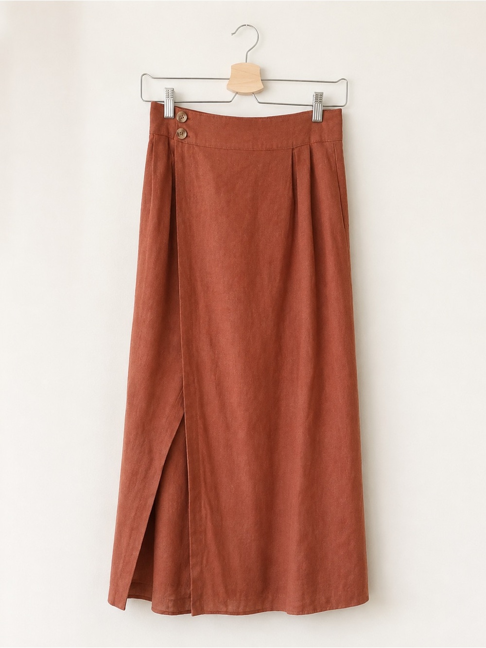 By Anthropologie 100% Linen Rust Orange Wrap Maxi Skirt Size 4